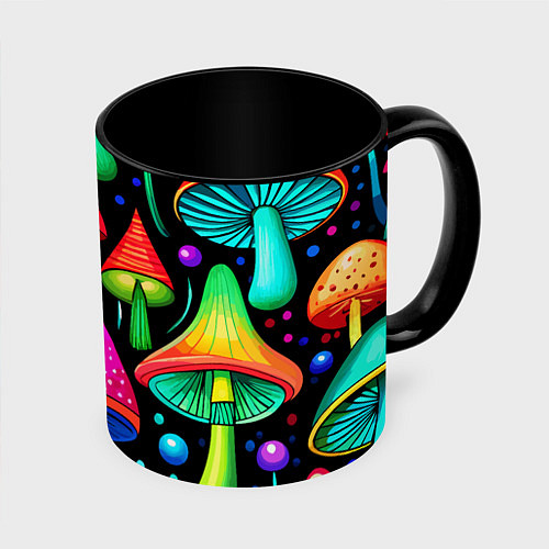 Кружка цветная Неоновые мухоморы в горошек / 3D-Белый + черный – фото 1