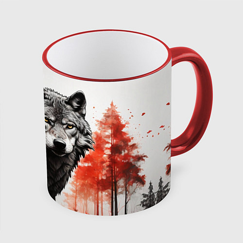 Кружка цветная Одинокий волк среди леса / 3D-Красный кант – фото 1