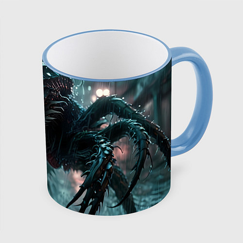 Кружка цветная Робот с клыками и множеством ног на улице под дожд / 3D-Небесно-голубой кант – фото 1