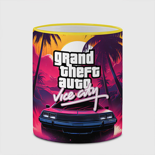 Кружка цветная Grand Theft Auto VI - автомобиль на закате / 3D-Желтый кант – фото 2