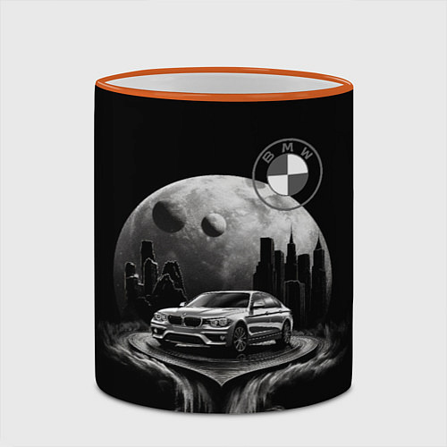 Кружка цветная BMW на фоне планеты / 3D-Оранжевый кант – фото 2