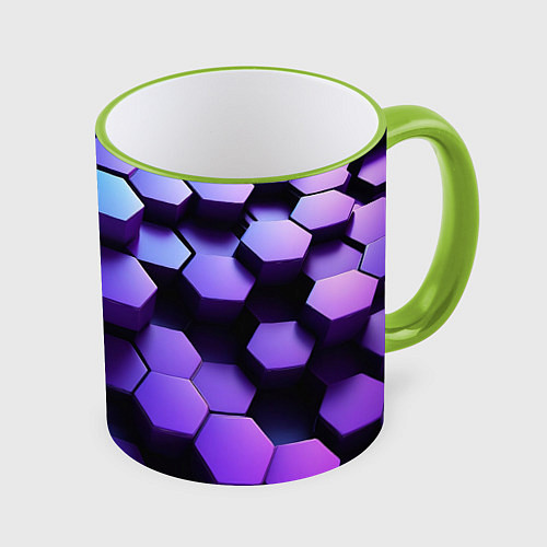 Кружка цветная Абстрактные трехмерные фиолетовые гексагоны / 3D-Светло-зеленый кант – фото 1