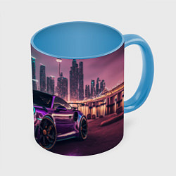 Кружка 3D Porshe night city, цвет: 3D-белый + небесно-голубой