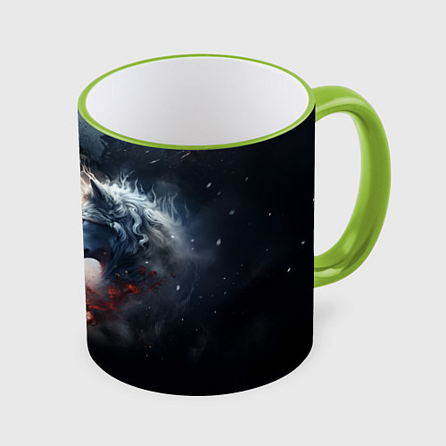 Кружка цветная Влюбленные волки огонь и лед / 3D-Светло-зеленый кант – фото 1