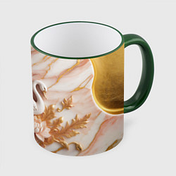 Кружка 3D Фарфоровый лебедь и лотос на розовом мраморе, цвет: 3D-зеленый кант