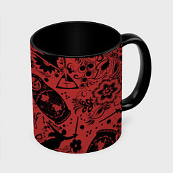 Кружка 3D Россия на фоне матрёшек балалайки и славянских узо, цвет: 3D-белый + черный