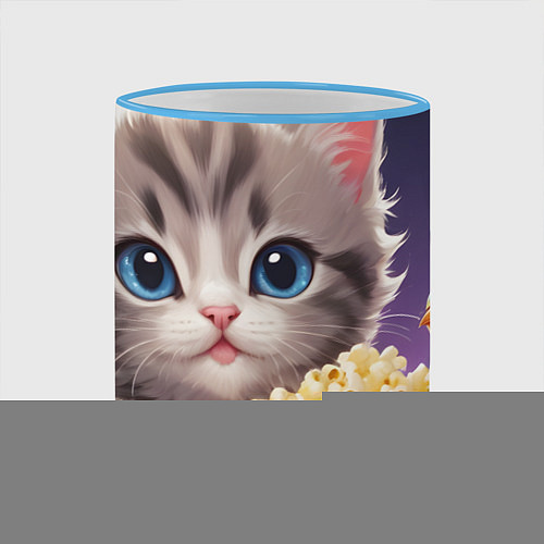 Кружка цветная Котенок и поп-корн / 3D-Небесно-голубой кант – фото 2