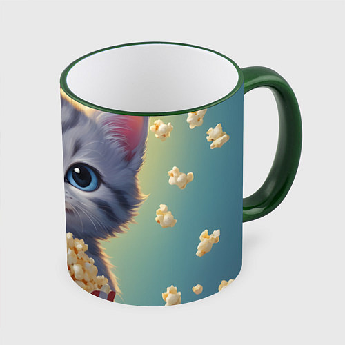 Кружка цветная Поп-корн и котенок / 3D-Зеленый кант – фото 1