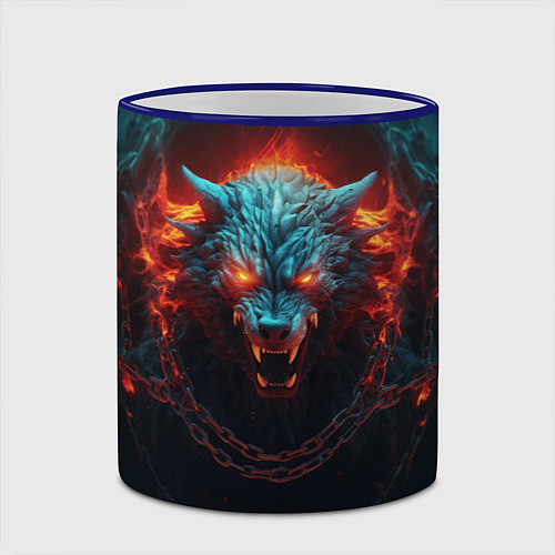 Кружка цветная Агрессивный волк с горящими глазами / 3D-Синий кант – фото 2