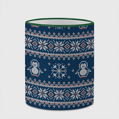 Кружка цветная Вязаный зимний узор с милыми пингвинами / 3D-Зеленый кант – фото 2