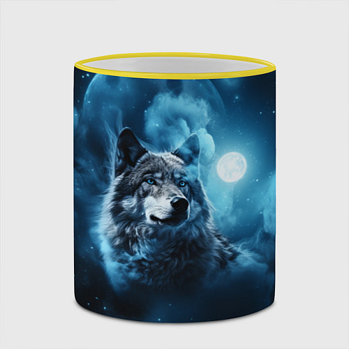 Кружка цветная Волк ночное синее небо / 3D-Желтый кант – фото 2