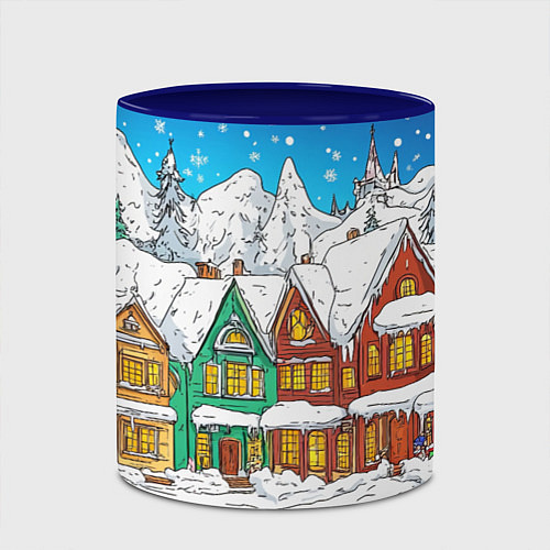 Кружка цветная Яркий рисованный снежный городок / 3D-Белый + синий – фото 2