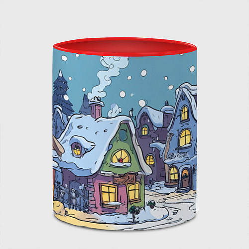 Кружка цветная Зимние домики иллюстрация / 3D-Белый + красный – фото 2