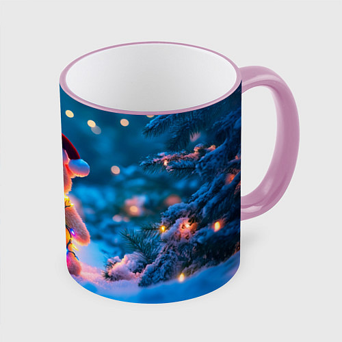 Кружка цветная Мишка в гирлянде / 3D-Розовый кант – фото 1