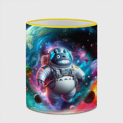 Кружка цветная Astronaut Totoro in neon space - ai art fantasy / 3D-Желтый кант – фото 2