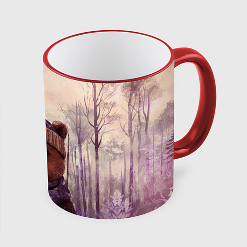Кружка цветная Мишка в пасмурном лесу / 3D-Красный кант – фото 1