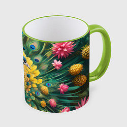 Кружка 3D Павлин, ананасы и пальмовые ветви, цвет: 3D-светло-зеленый кант