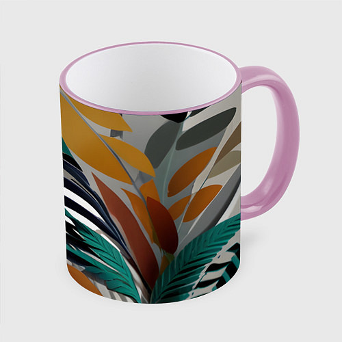 Кружка цветная Полоски листья / 3D-Розовый кант – фото 1