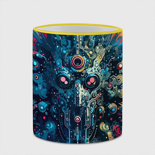 Кружка цветная Таинственная кибер физиономия - паттерн / 3D-Желтый кант – фото 2