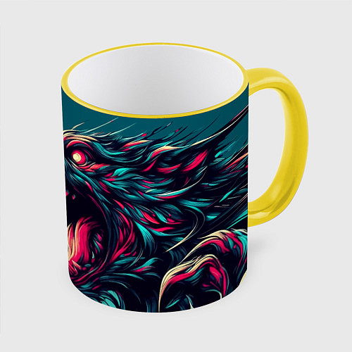 Кружка цветная Свирепый оборотень - нейроарт / 3D-Желтый кант – фото 1