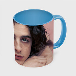 Кружка 3D Timothe Chalamet on a pink background, цвет: 3D-белый + небесно-голубой