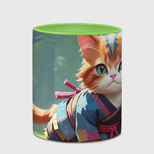 Кружка цветная Котенок самурай / 3D-Белый + светло-зеленый – фото 2