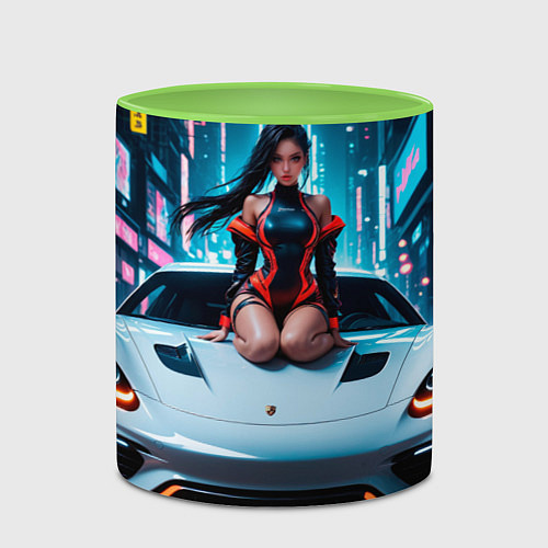 Кружка цветная Девушка на авто - киберпанк / 3D-Белый + светло-зеленый – фото 2