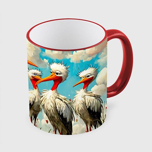 Кружка цветная Очень странные аисты / 3D-Красный кант – фото 1