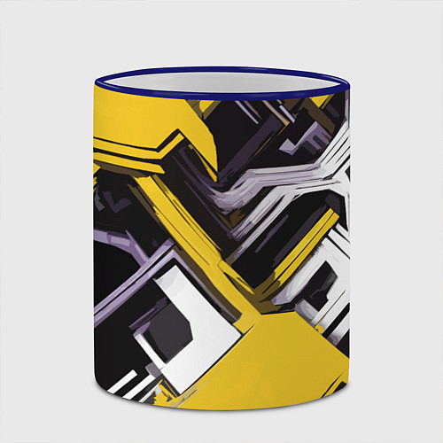 Кружка цветная Бело-жёлтый техно паттерн на чёрном фоне / 3D-Синий кант – фото 2