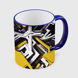 Кружка 3D Бело-жёлтый техно паттерн на чёрном фоне, цвет: 3D-синий кант