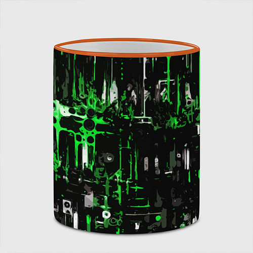 Кружка цветная Бело-зелёная тревожная абстракция на чёрном фоне / 3D-Оранжевый кант – фото 2