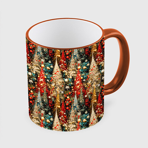 Кружка цветная Новогодний еловый лес / 3D-Оранжевый кант – фото 1