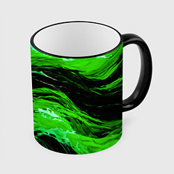Кружка 3D Зелёные брызги на чёрном фоне, цвет: 3D-черный кант