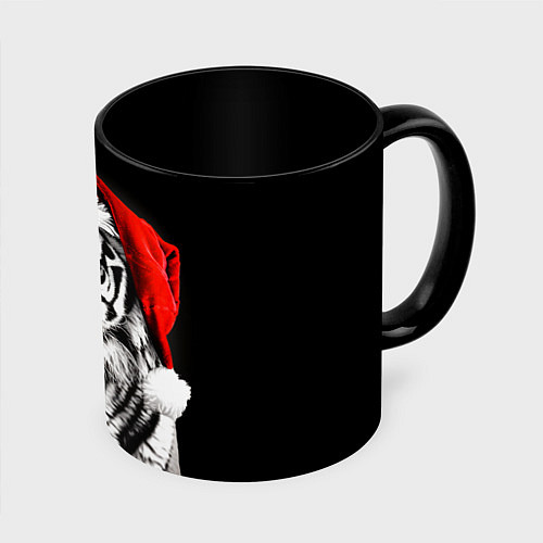 Кружка цветная Тигр в красном колпаке Деда Мороза / 3D-Белый + черный – фото 1