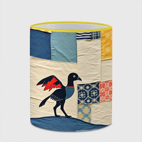 Кружка цветная Пэчворк с фантастической птицей / 3D-Желтый кант – фото 2