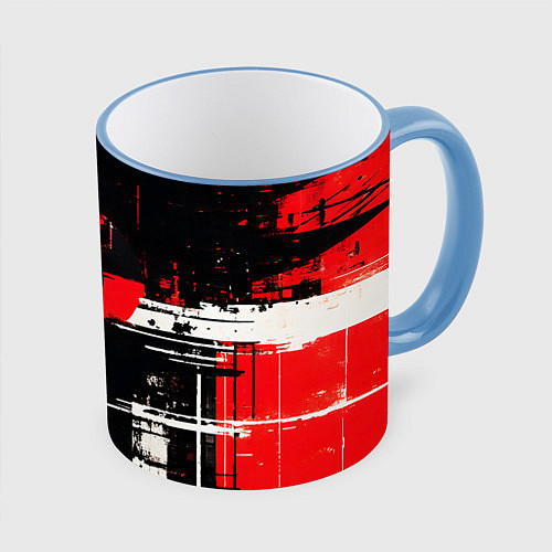 Кружка цветная Красно-белый гранж на чёрном фоне / 3D-Небесно-голубой кант – фото 1