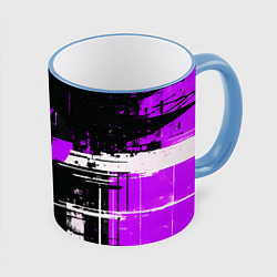 Кружка 3D Фиолетово-белый гранж на чёрном фоне, цвет: 3D-небесно-голубой кант