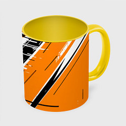 Кружка 3D Чёрно-белые глитч полосы на оранжевом фоне, цвет: 3D-белый + желтый