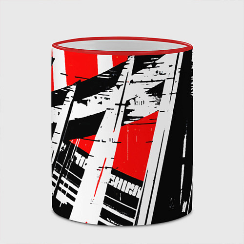 Кружка цветная Чёрно-белые абстрактные линии на красном фоне / 3D-Красный кант – фото 2