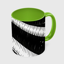Кружка 3D Диагональные чёрно-белые полосы на синем фоне, цвет: 3D-белый + светло-зеленый