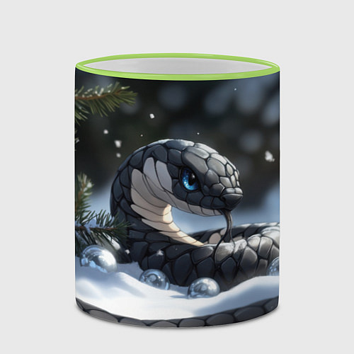 Кружка цветная Новогодняя черная змея с голубыми глазами / 3D-Светло-зеленый кант – фото 2