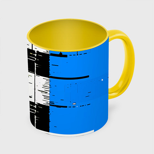 Кружка цветная Синие и чёрные полосы на белом фоне / 3D-Белый + желтый – фото 1