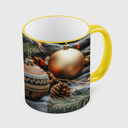 Кружка 3D Новогодние шары и шишки, цвет: 3D-желтый кант