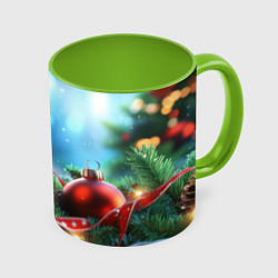 Кружка 3D Красные игрушки новогодние, цвет: 3D-белый + светло-зеленый