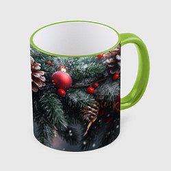 Кружка 3D Красные игрушки на елке и шишки, цвет: 3D-светло-зеленый кант