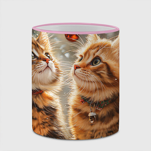 Кружка цветная Котята возле новогодней елки - нейросеть / 3D-Розовый кант – фото 2