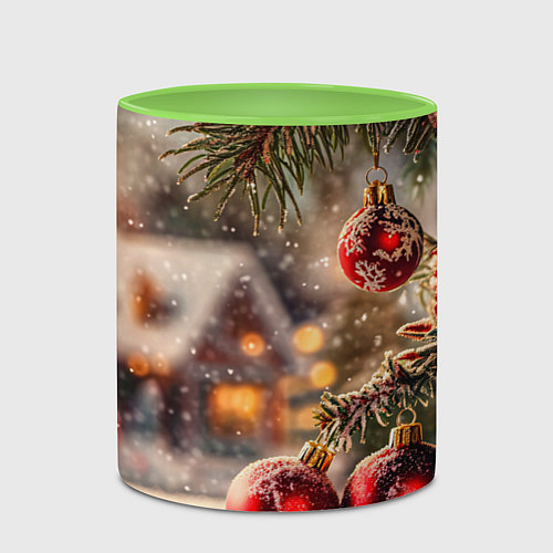 Кружка цветная Елочные шарики на фоне домов - нейросеть / 3D-Белый + светло-зеленый – фото 2