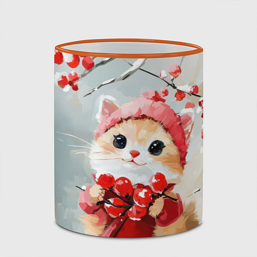 Кружка цветная Новогодний котик с рябиной / 3D-Оранжевый кант – фото 2