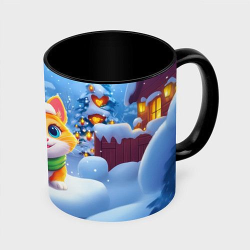 Кружка цветная Новогодний котенок в зеленой шапочке / 3D-Белый + черный – фото 1