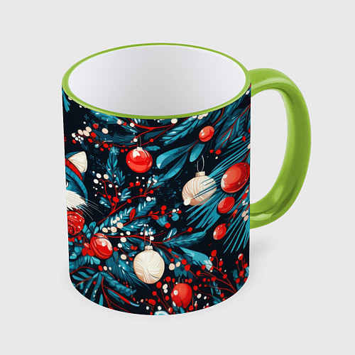 Кружка цветная Новогодняя кошечка внутри елки / 3D-Светло-зеленый кант – фото 1